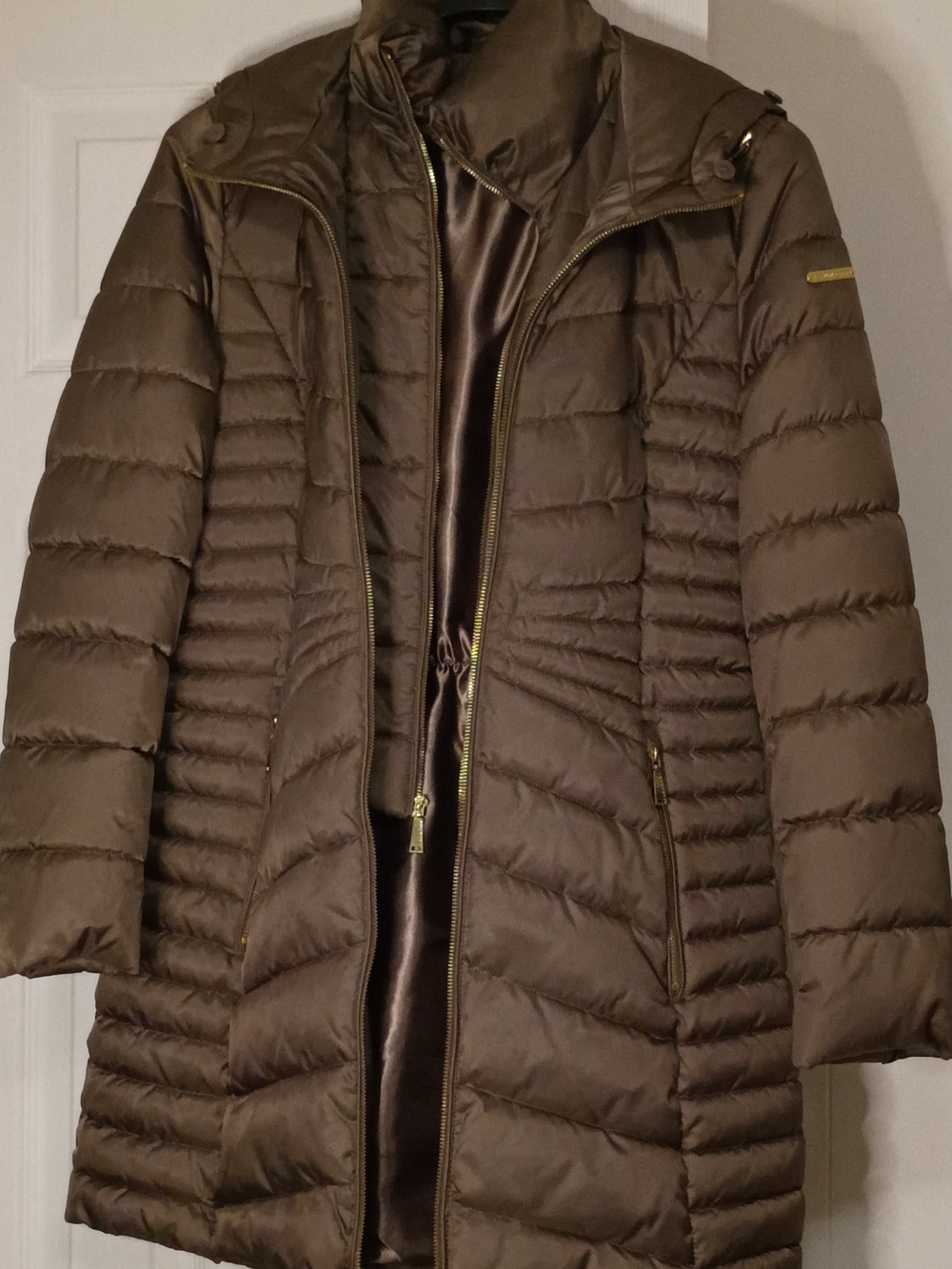 Laundry By Shelli Segal Quilted Long Puffer Coat in Brown